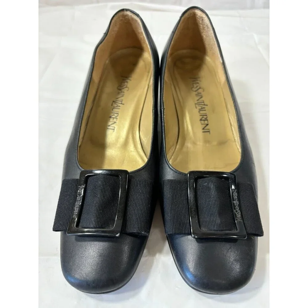 Yves Saint Laurent Black square bow Leather loafer Heels Buckle Size 5.5 - Picture 5 of 12